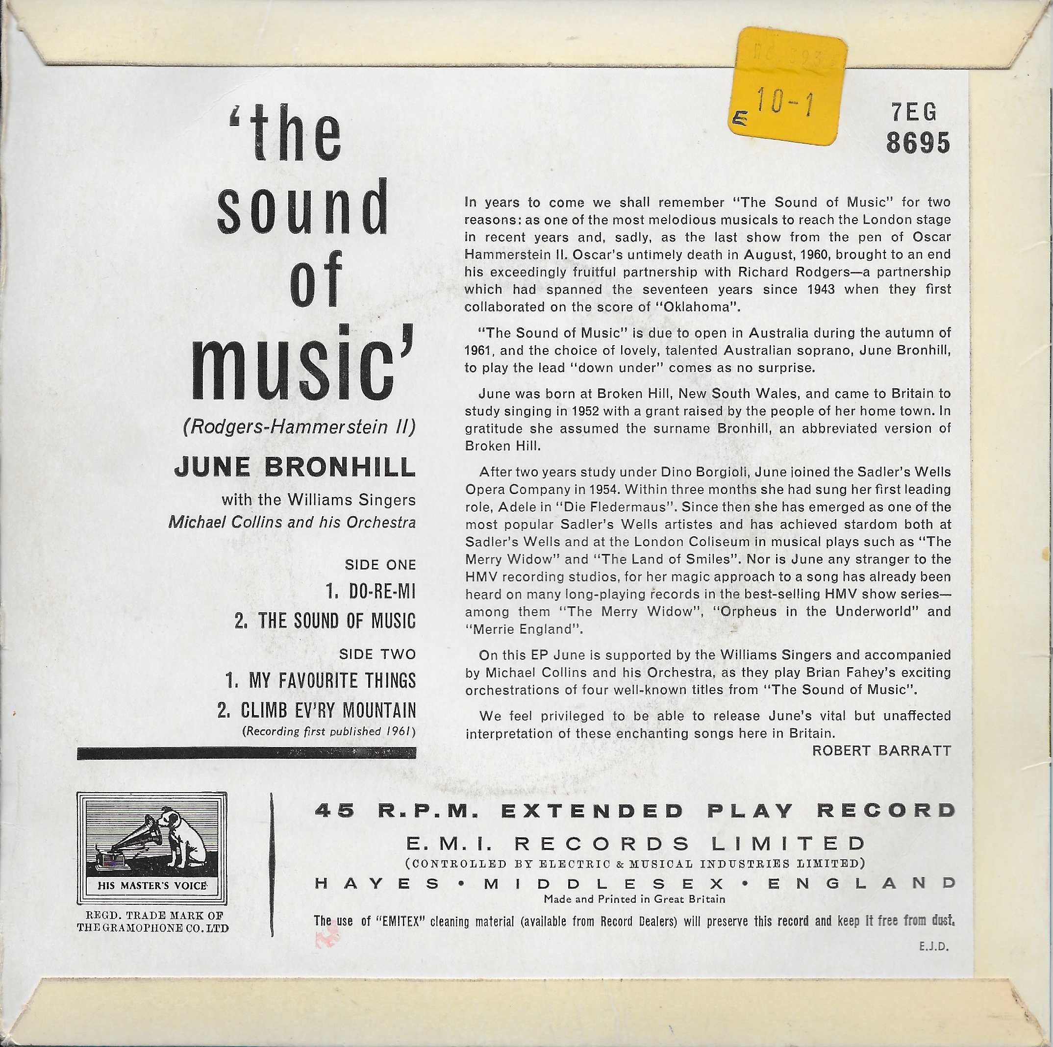 Picture of 7EG 8695 The sound of music by artist Rogers / Hammerstein II / June Bronhill with the Williams Singers and Michael Collins and his orchestra from ITV, Channel 4 and Channel 5 library